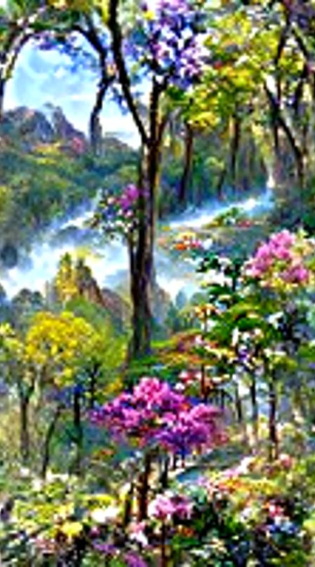 Lush Forest Vista in Spring Bloom, Digital Art