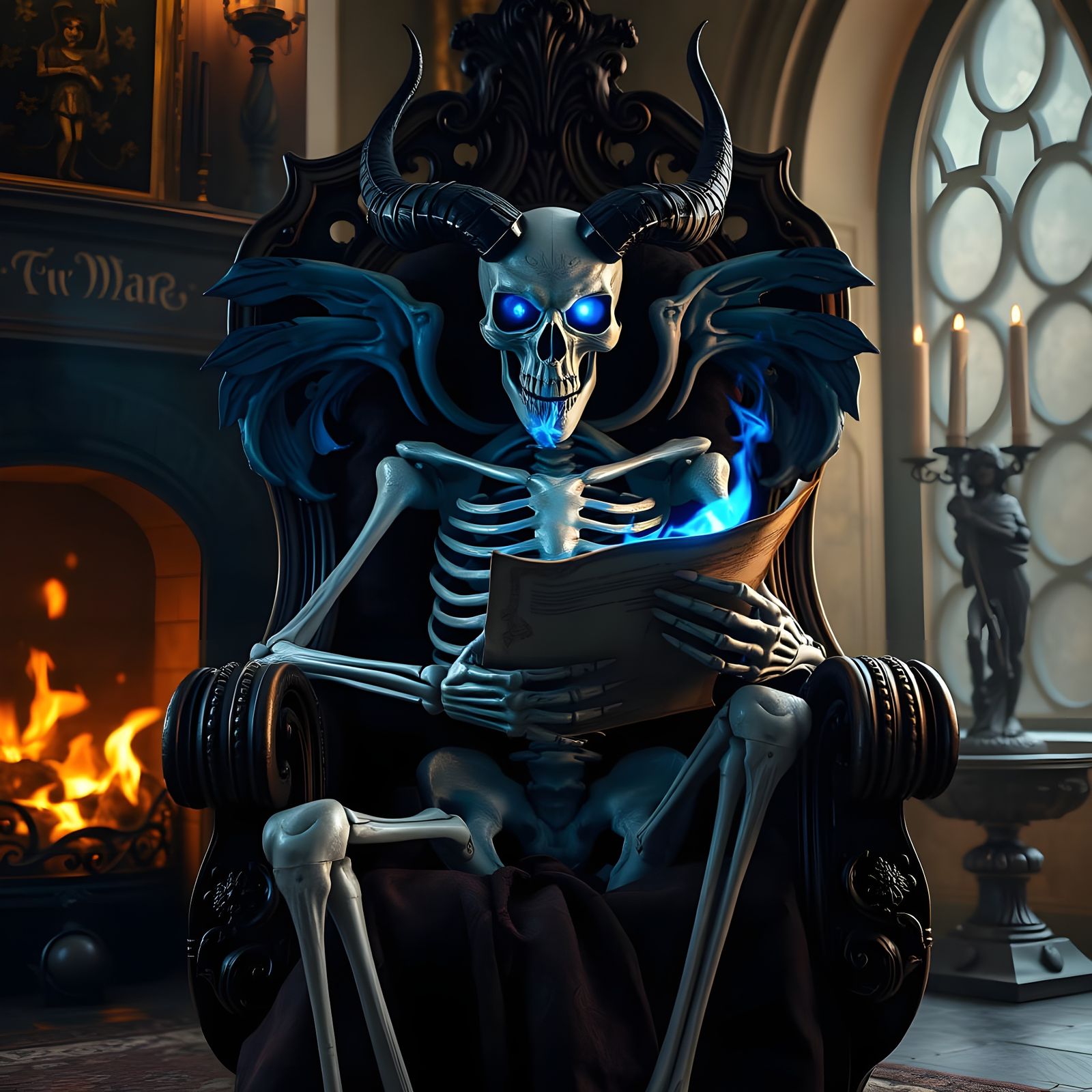 Gothic Skeleton Seeks Wisdom by the Fiery Throne