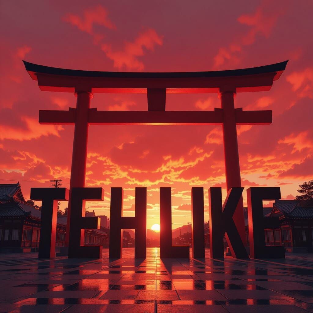 Giant TEHLIKE Sign Before Japanese Toori Gate Under Red Sky