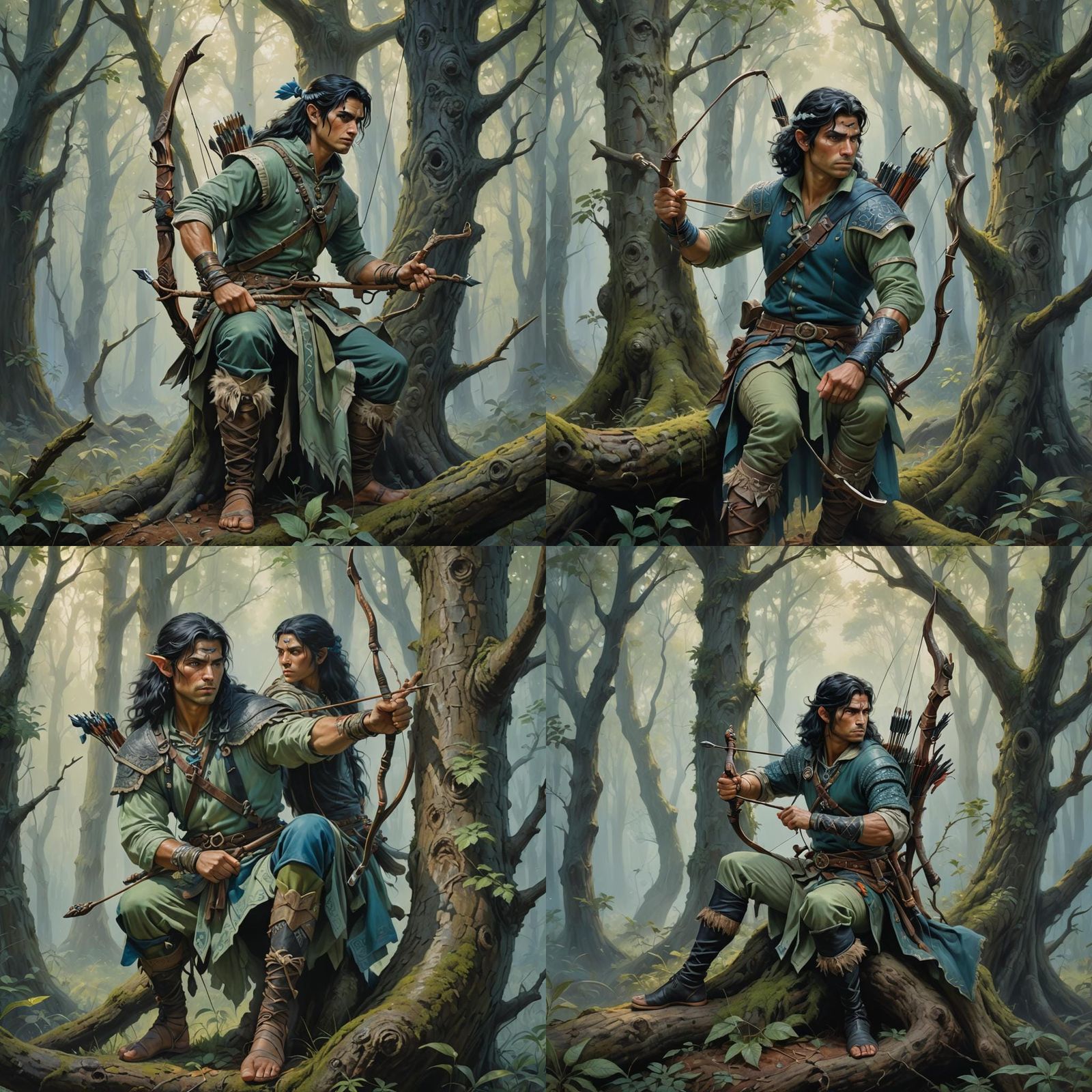 Tribal Archer in Pale Green Fog, Oil Painting