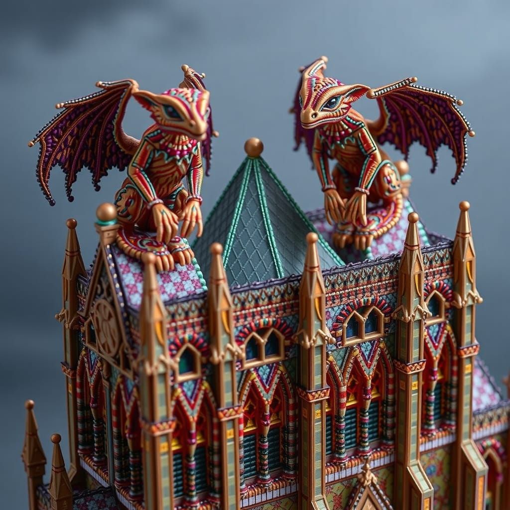 Beaded Gargoyles on Miniature Cathedral, Digital Art