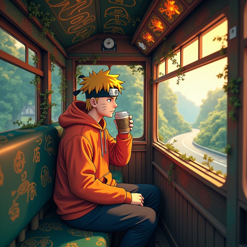 Naruto Sipping Coffee on a Mystical Bus