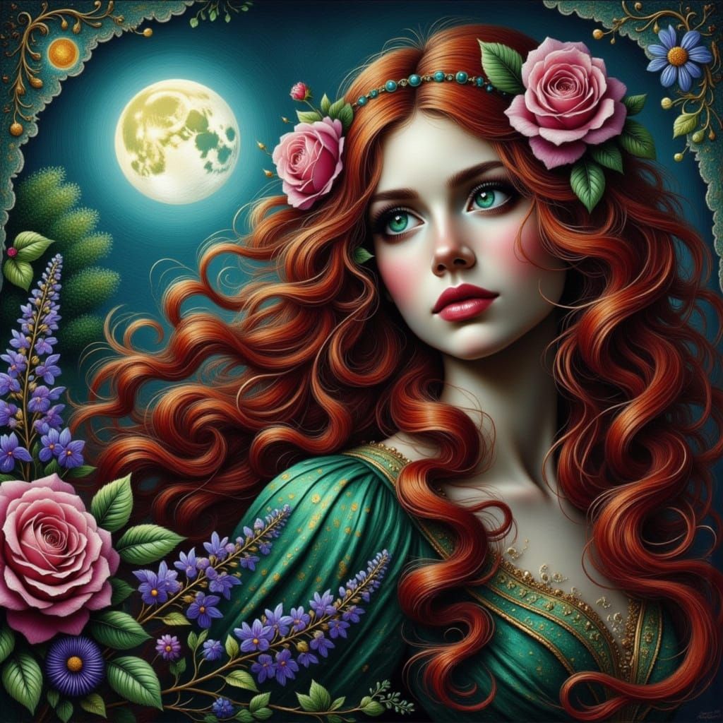 Ethereal Red-Haired Woman with Roses Under Moonlight