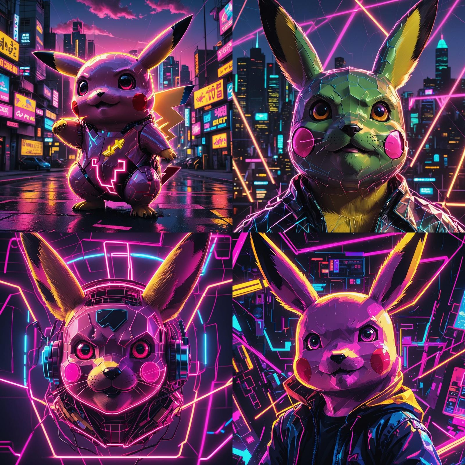 Pikachu Synthwave Outline on Black Background