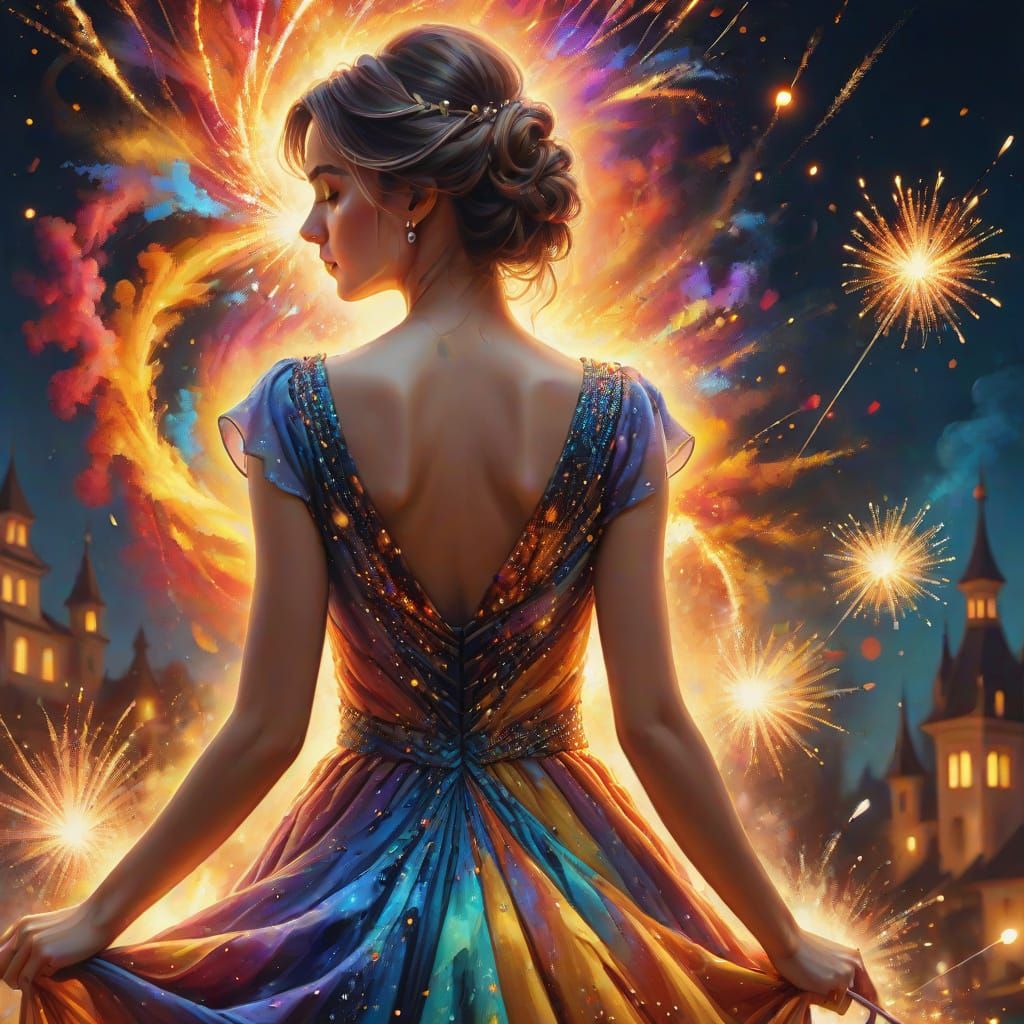 Surreal Woman Watching Double Helix Fireworks