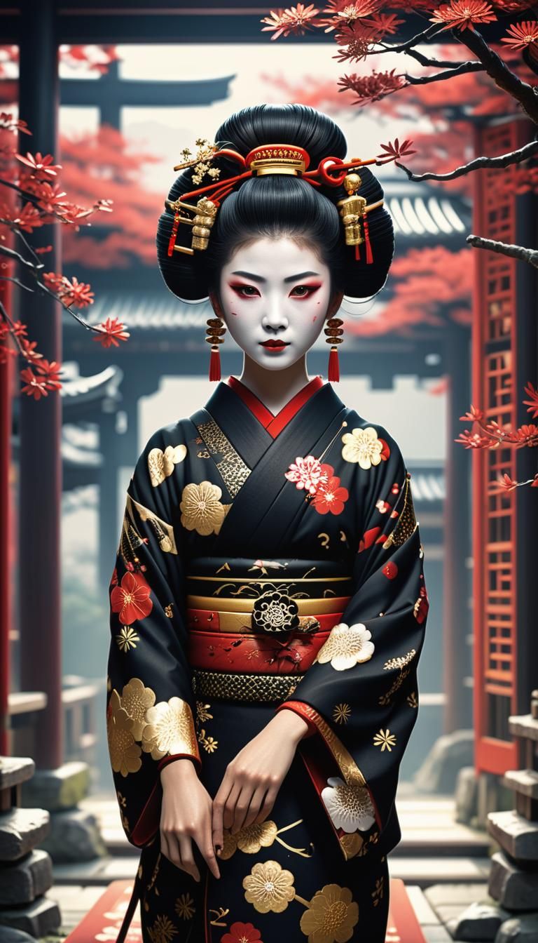 Geisha in Kimono with Kanzashi, Detailed Matte Painting