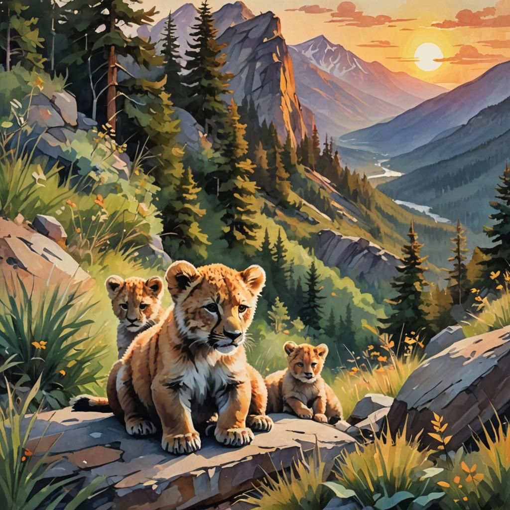 Cub and Mother at Sunset: Gouache Watercolor Painting