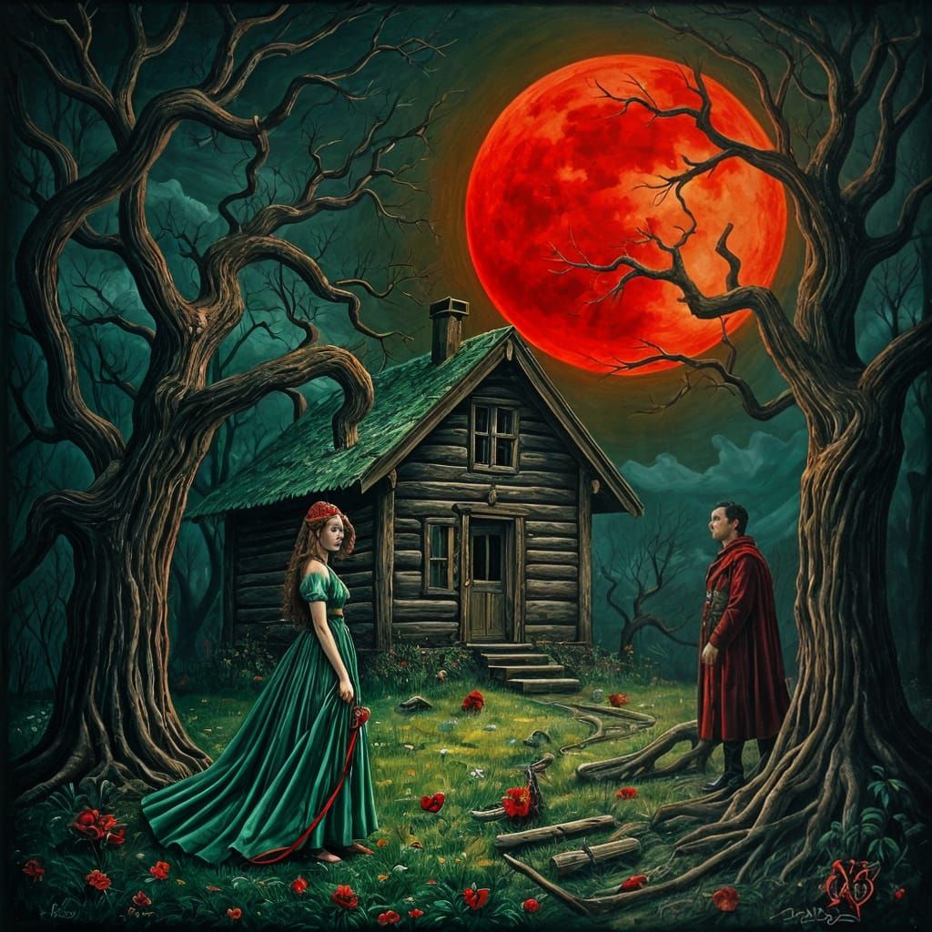 Surrealist Woodland Scene with Green Girl and Red Moon