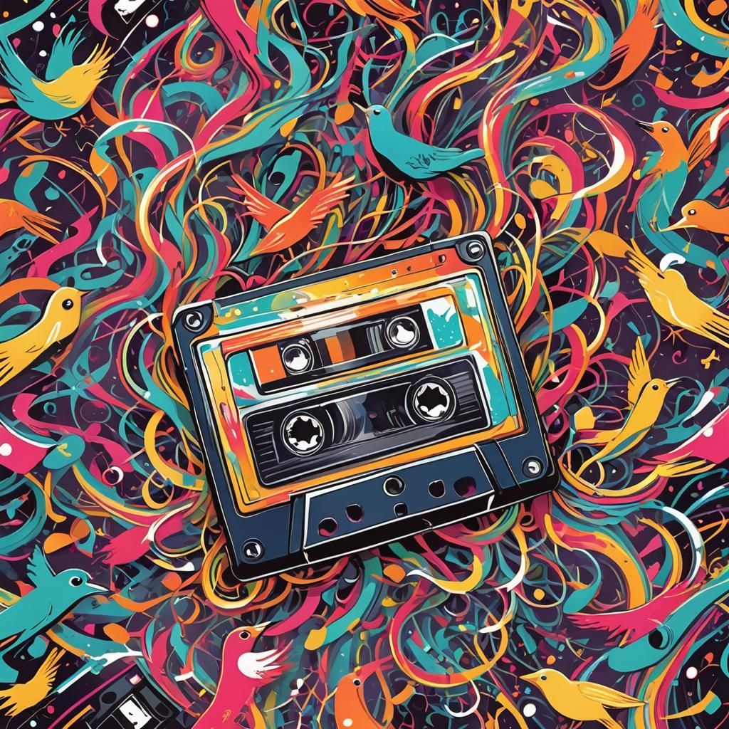 Vintage Cassette Tape with Musical Notes: Vector Art