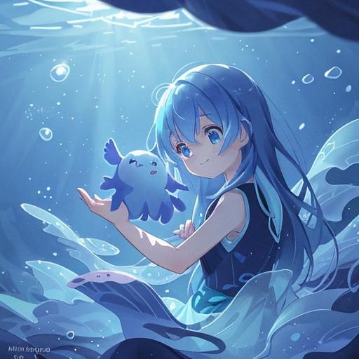 Axolotl in Deep Blue Water: A Miyazaki-esque Scene