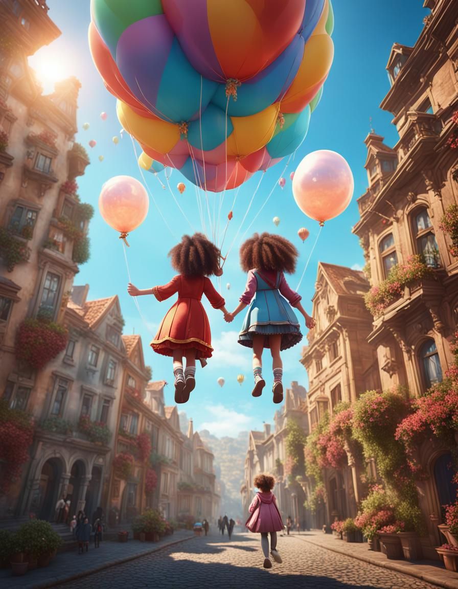 Smiling Girls Ascend in Helium Balloon: Fantasy Art