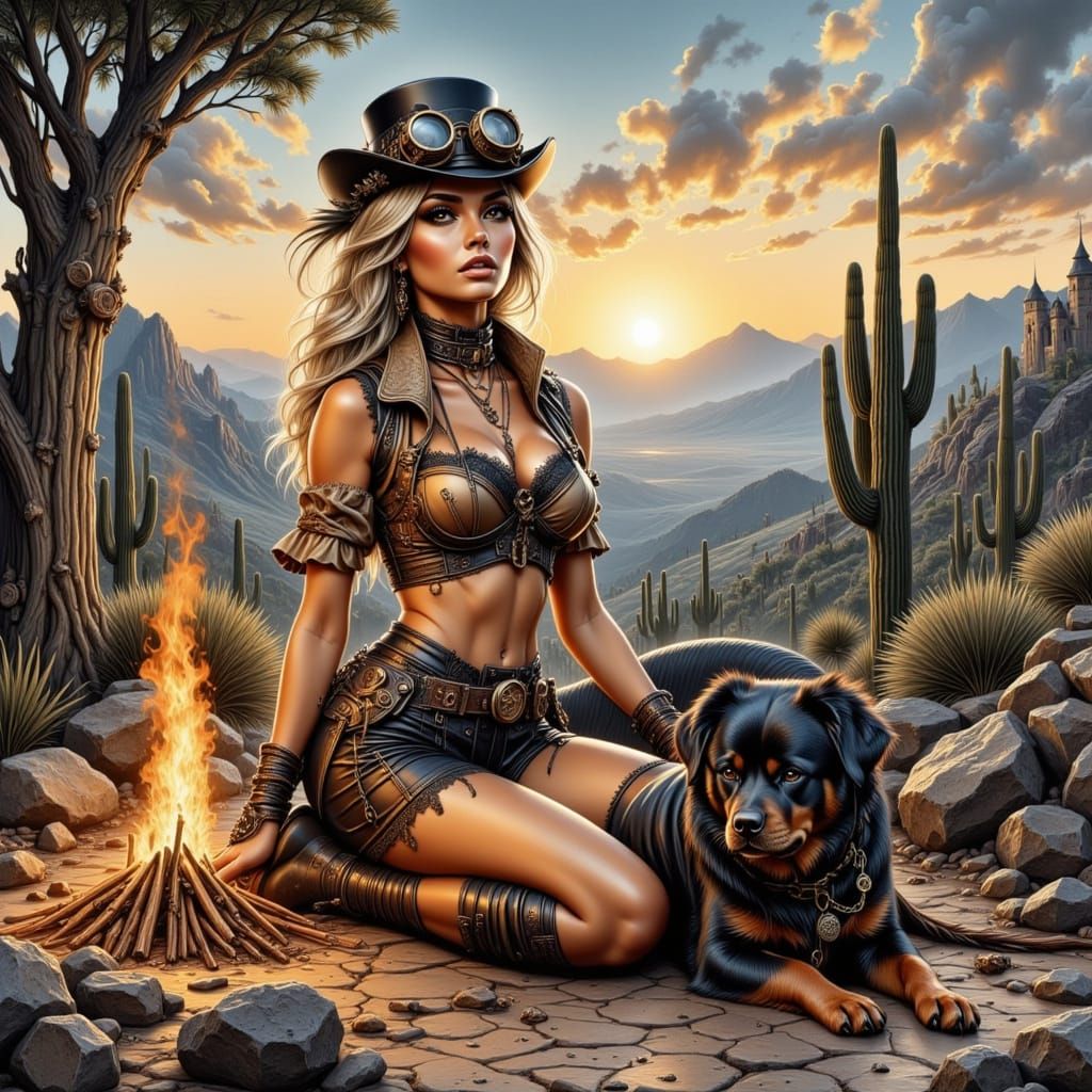 Steampunk Girl with Rottweiler by Arizona Mountains