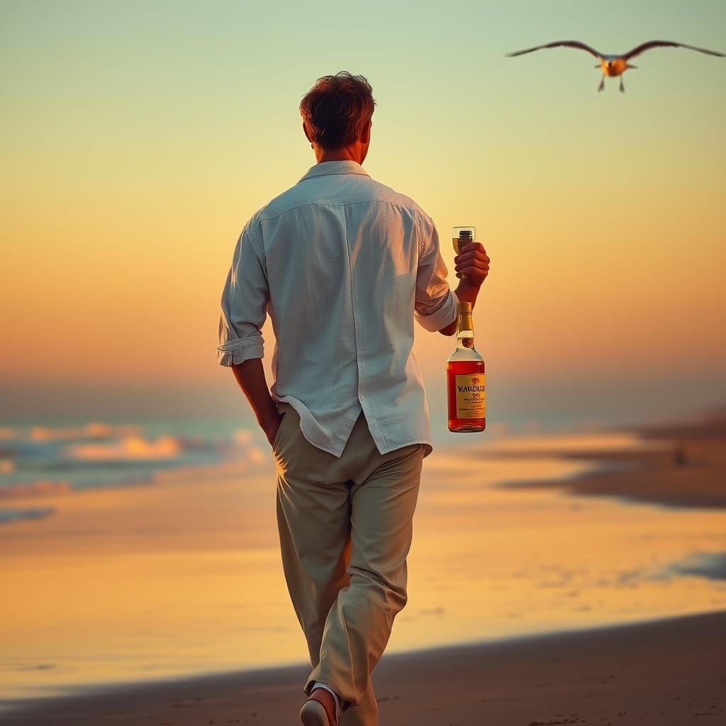 Elegant Man Strolls Beach at Dusk in a Classic Artistic Styl...