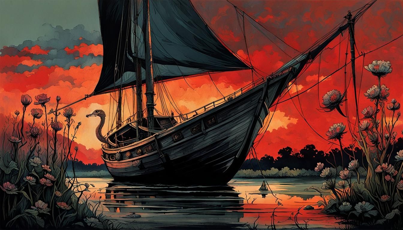 Serpent and Sailboat at Sunset: Color Print Art