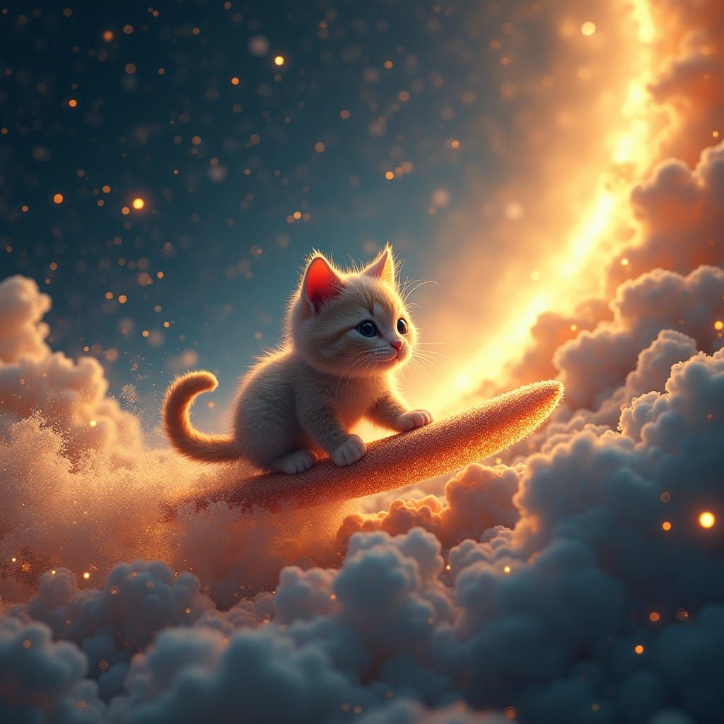 Cosmic Kawaii Cat Surfer in Celestial Splendor