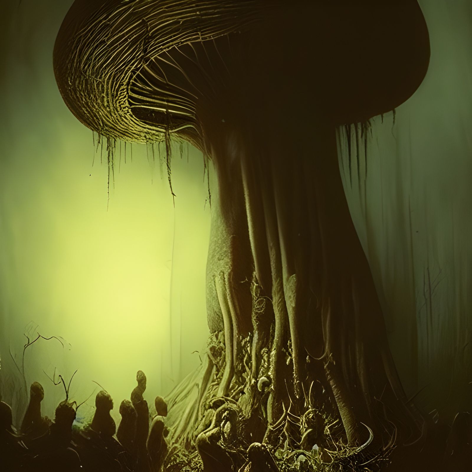 Terrifying Mushroom Monster in Dark Forest Painting