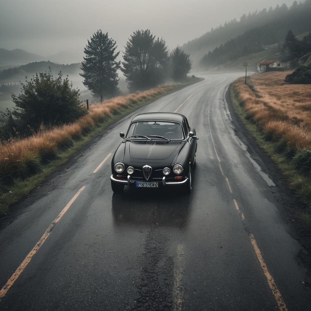 Matte Black Alfa Romeo in Foggy Landscape