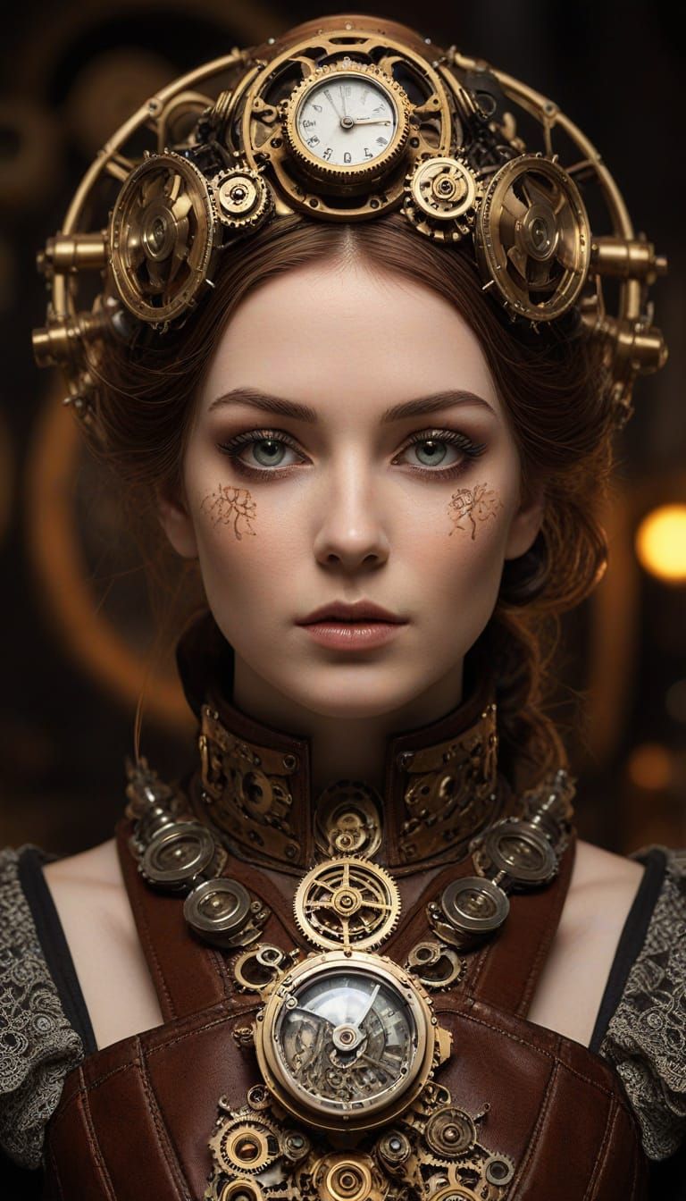 Steampunk Automaton Portrait with Intricate Clockwork Detail...