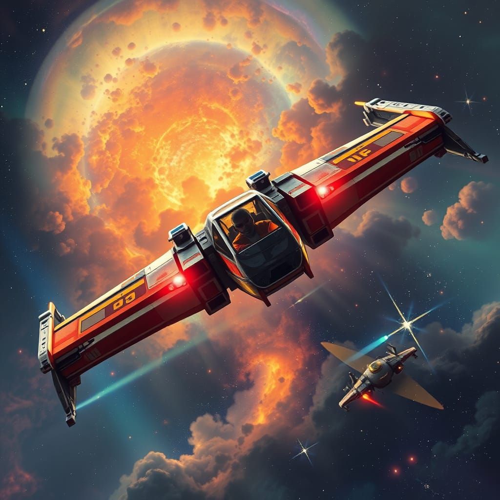 X-Wing Fighter Soaring Through Nebula in Retro Style