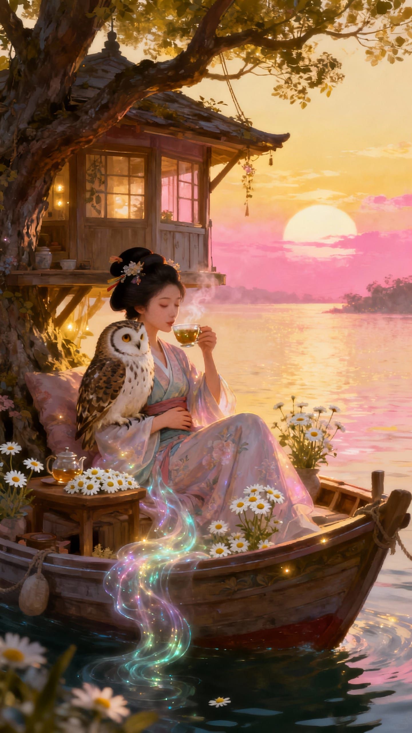 Geisha Cuddles Owl in Sunset Treehouse Boat