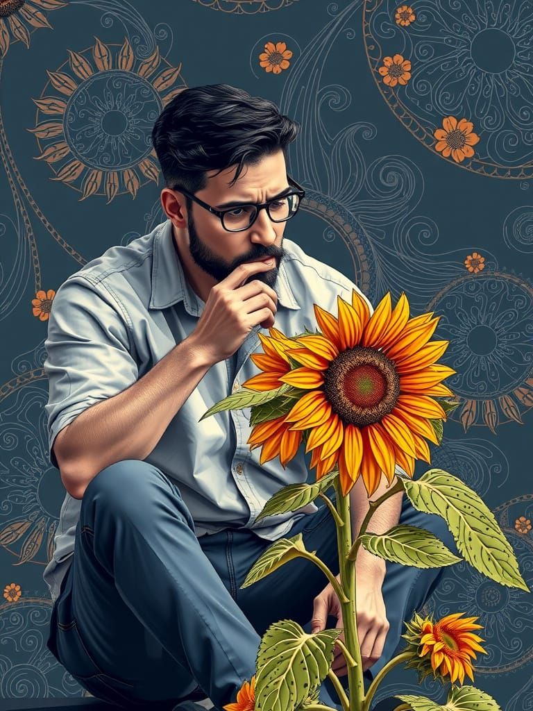 Man Eats Sunflower in Futuristic Fractal Art