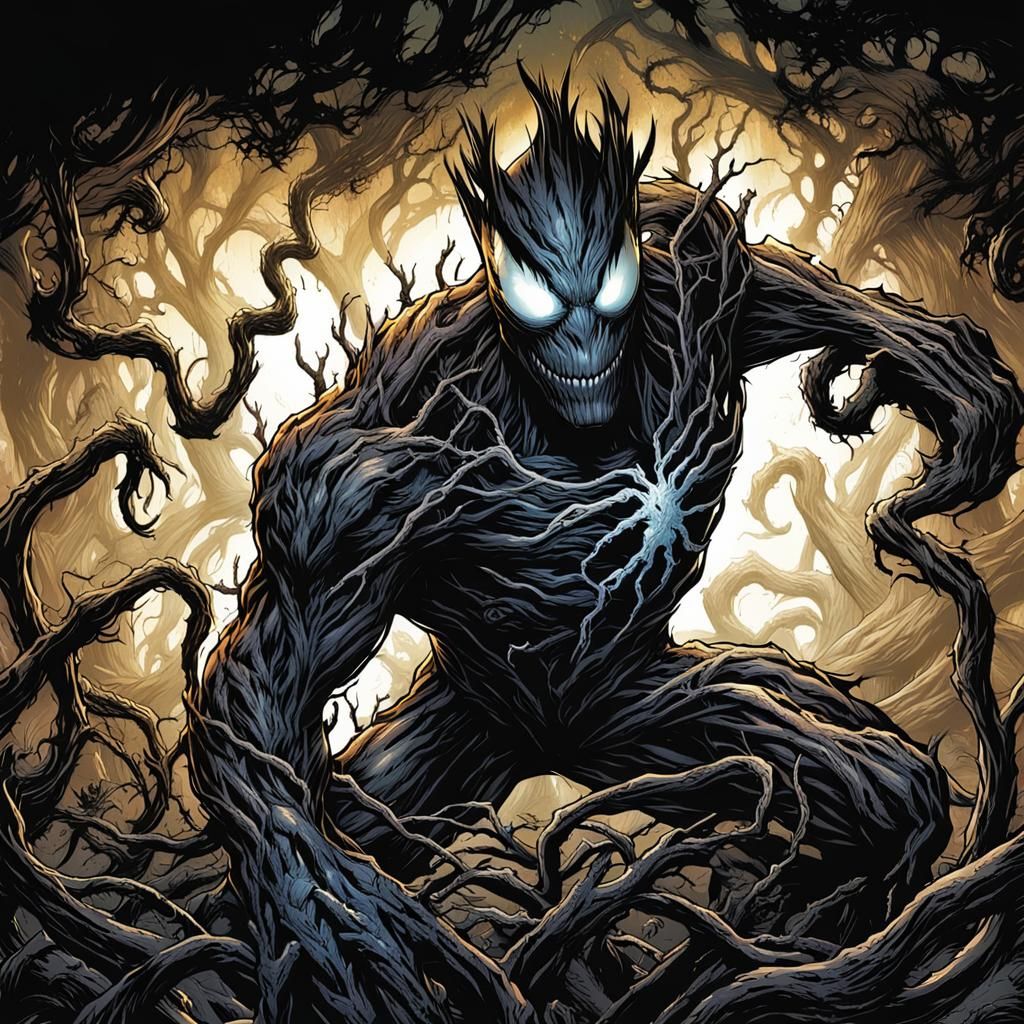 Groot as Venom in Comic Book Art Style