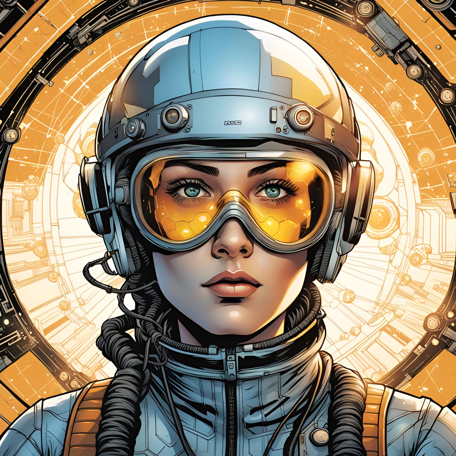 Futuristic Woman with Geometric Tattoos in Space Helmet