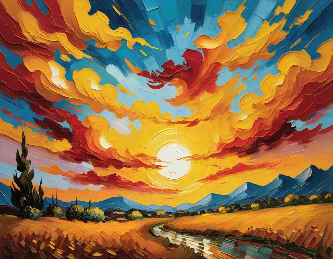 Golden Sunset Impasto Oil Painting