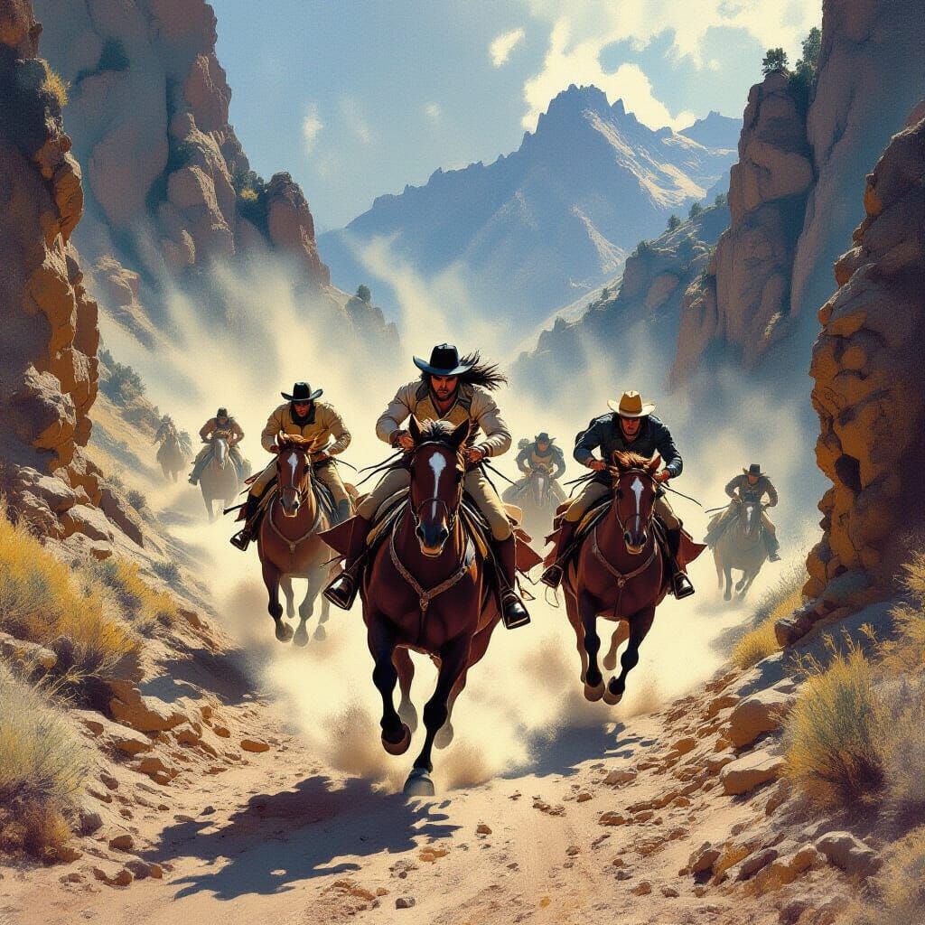 Epic Mountain Horse Race in Frazetta Style