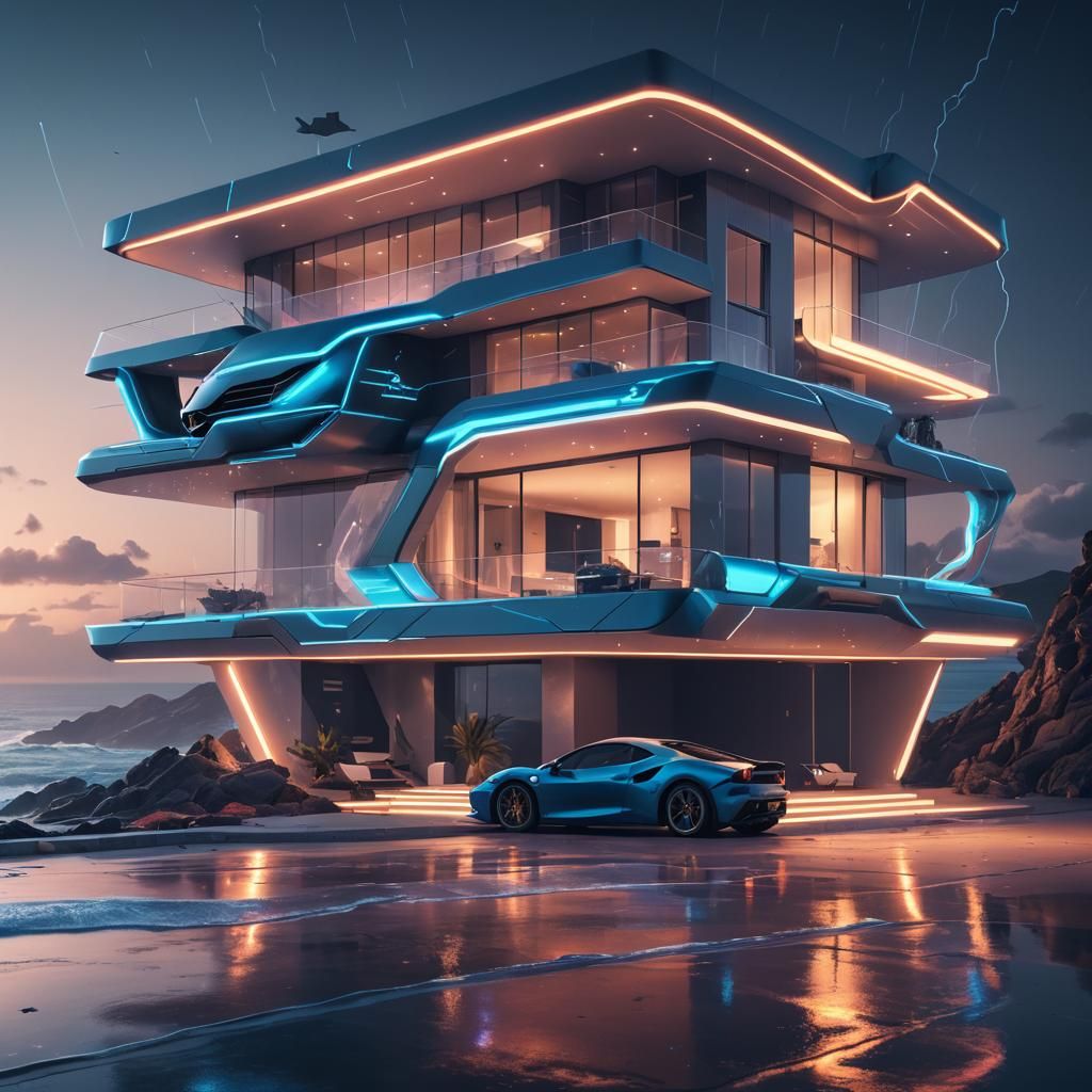 Futuristic House with Ferrari: Vivid Sci-Fi Digital Art
