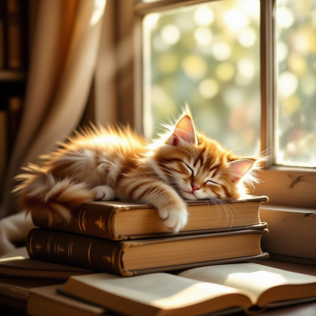 Fluffy Ginger Kitten Sleeps on Books in Warm Sunlight