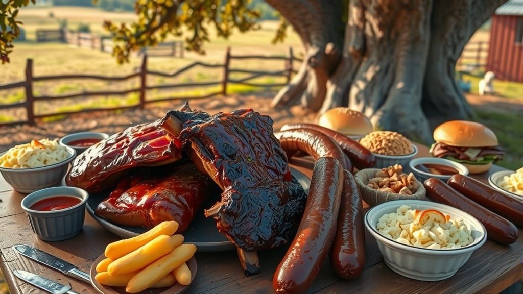 Barbecue Feast on Oak Table, Airbrush Art