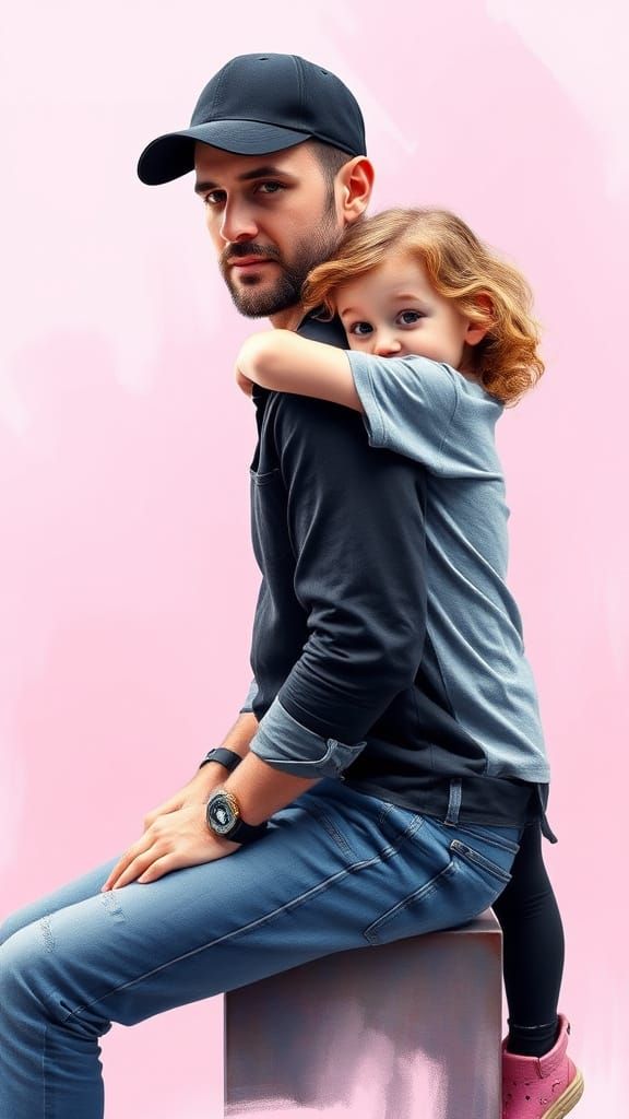 Heartwarming Portrait of a Dad and Daughter in Watercolor-In...