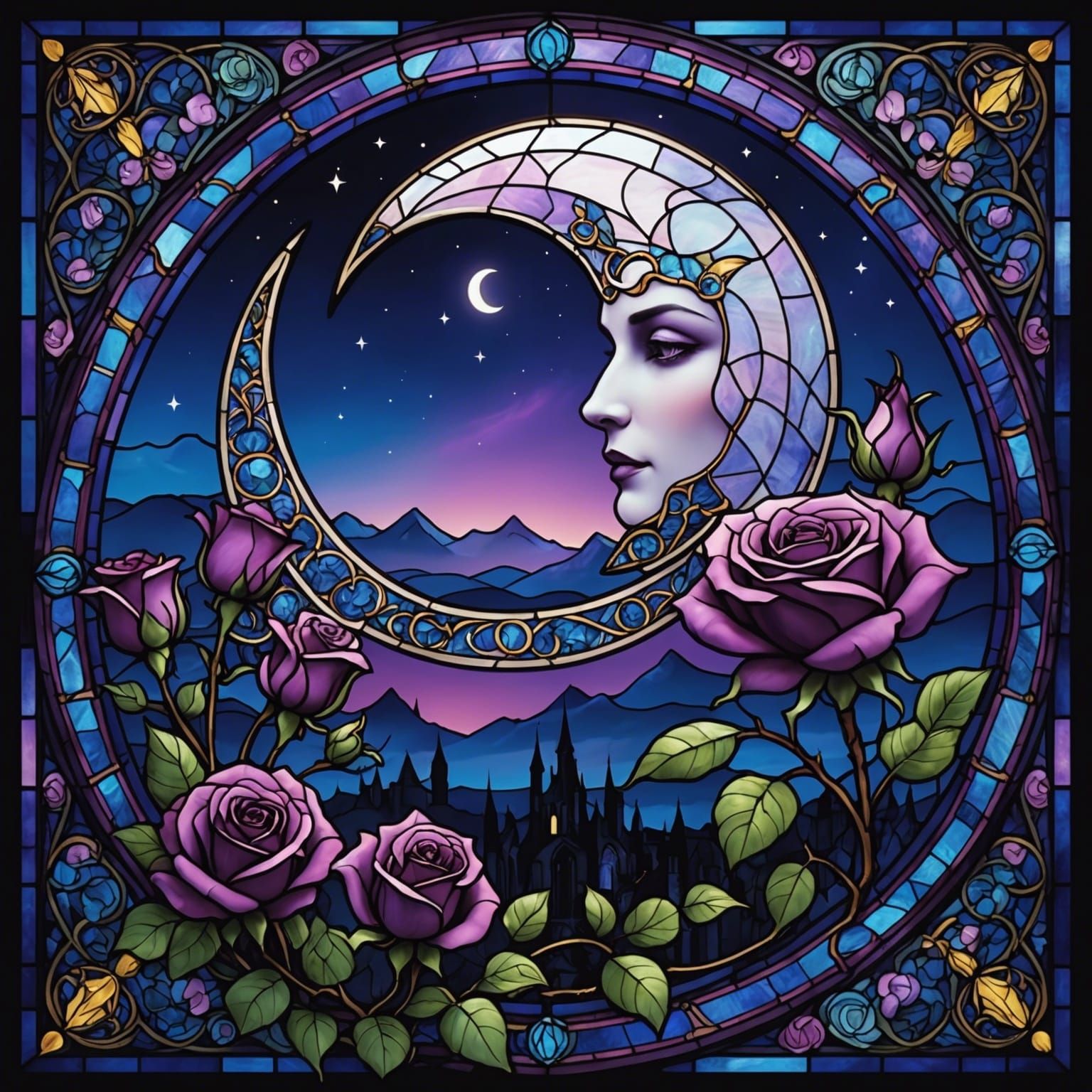 Stained Glass Crescent Moon with Purple Roses