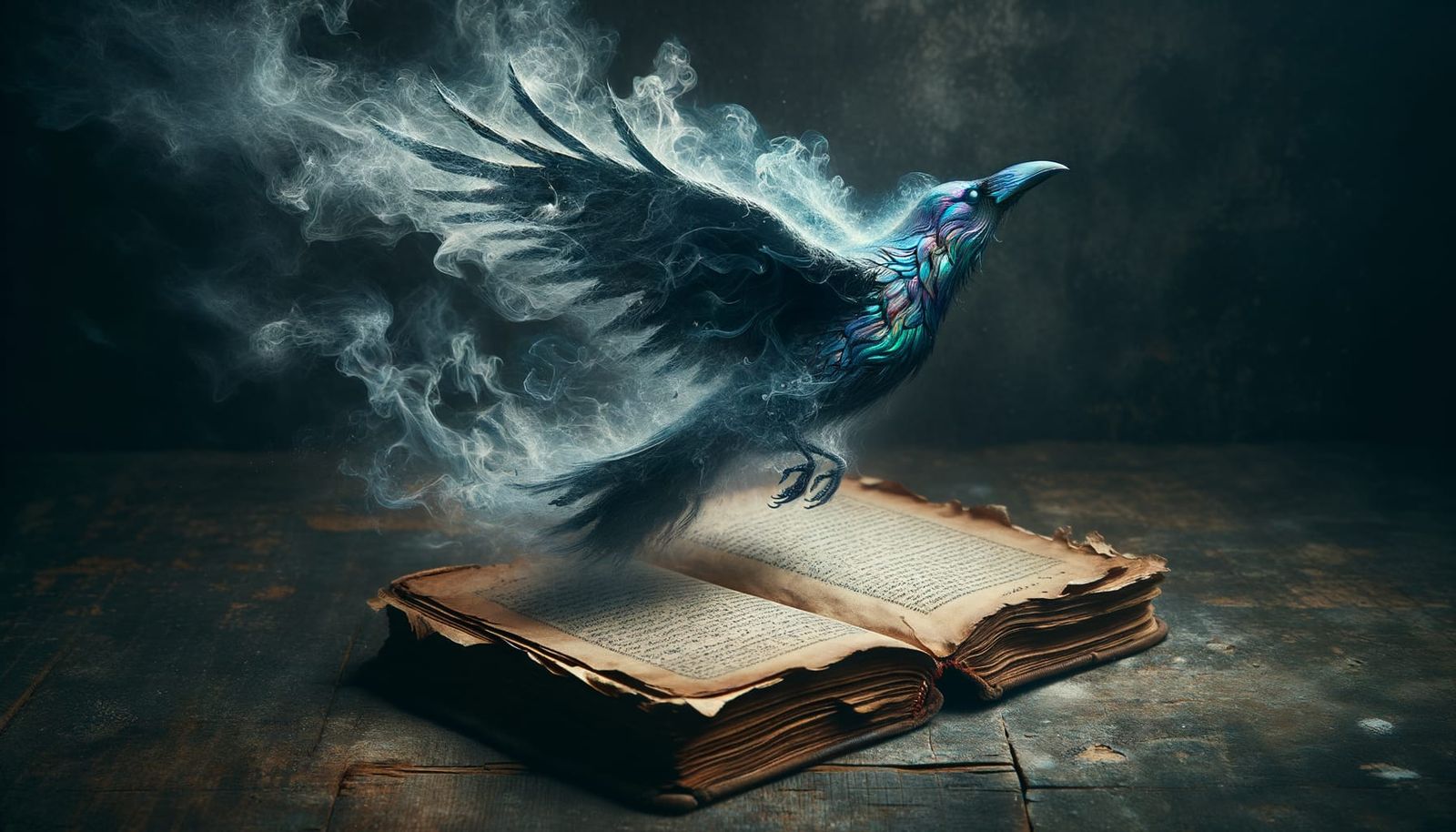 Iridescent Raven Emerges from Ancient Book