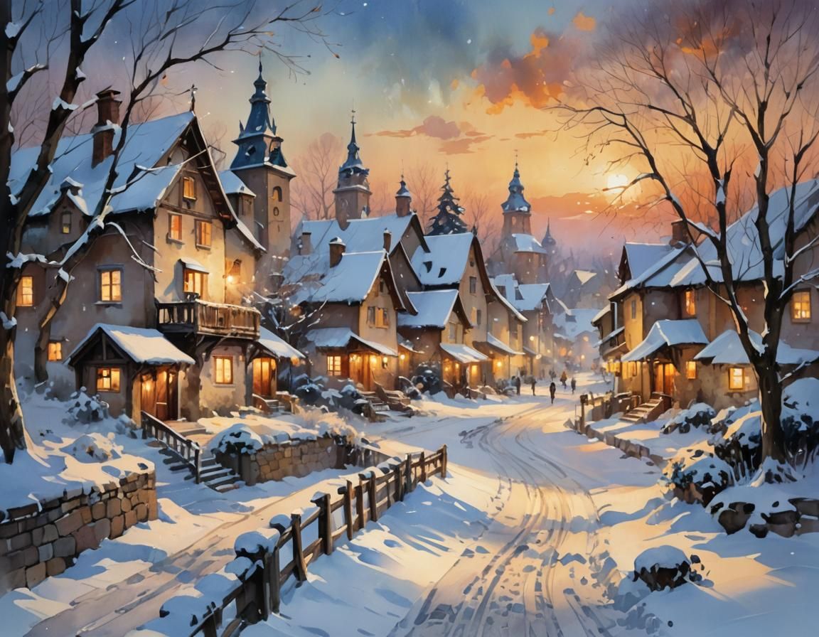 Winter Village at Sunset in Digital Watercolor