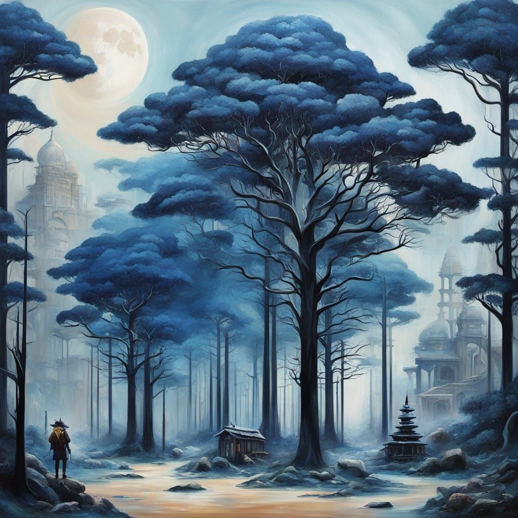 Cyberpunk Abstract Painting of Indigo Magnolia and Mosque