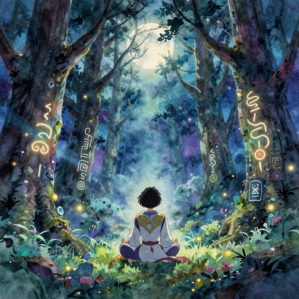 Warrior Meditating in Moonlit Mystical Forest