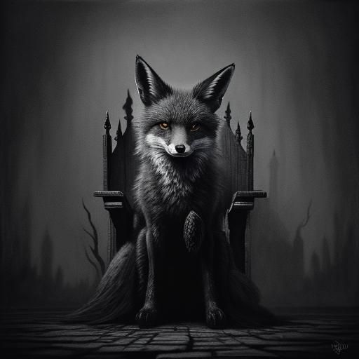 Dark Fantasy Fox Kit on Throne: Charcoal Drawing