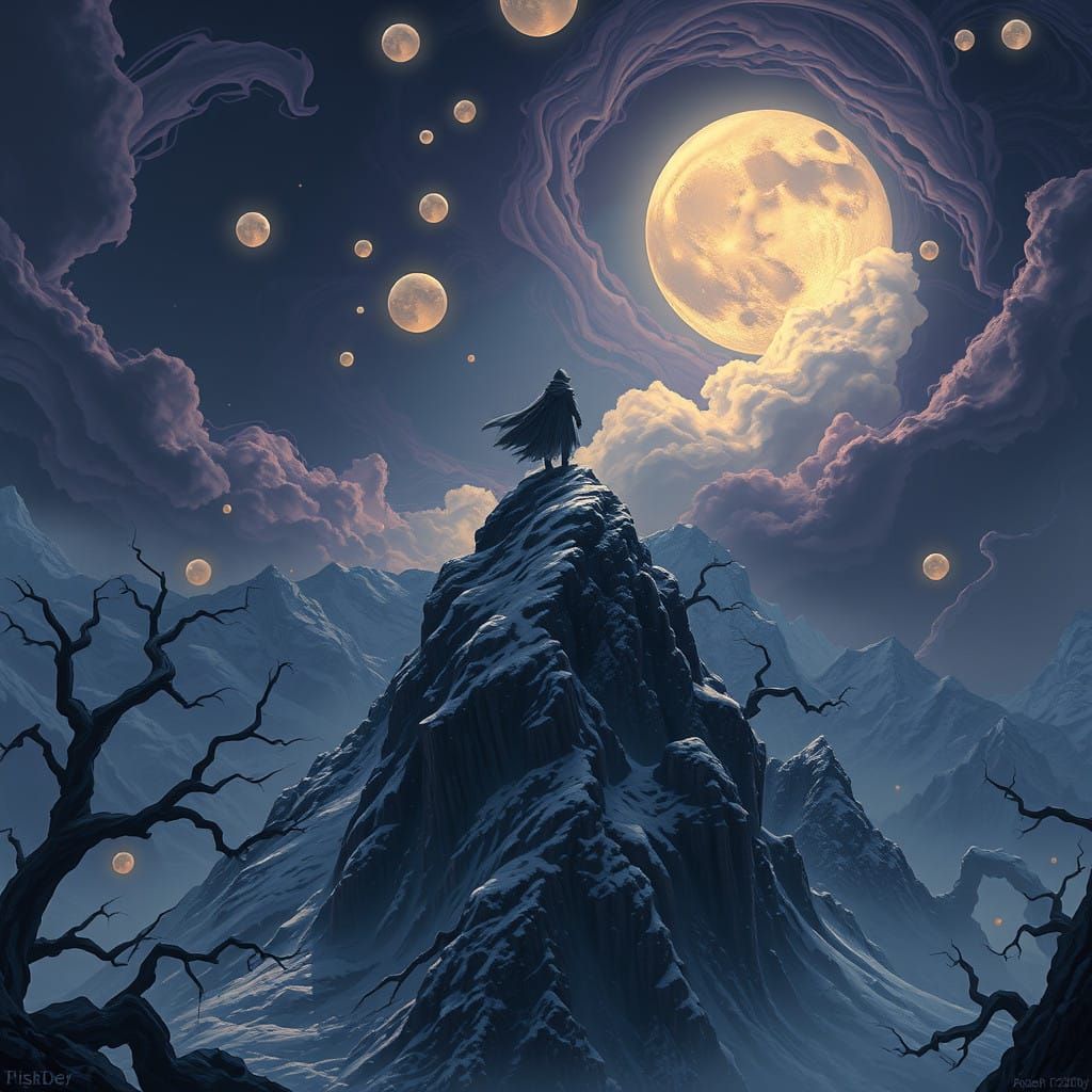 Mysterious Figure Amidst Celestial Orbs in Dark Fantasy Land...