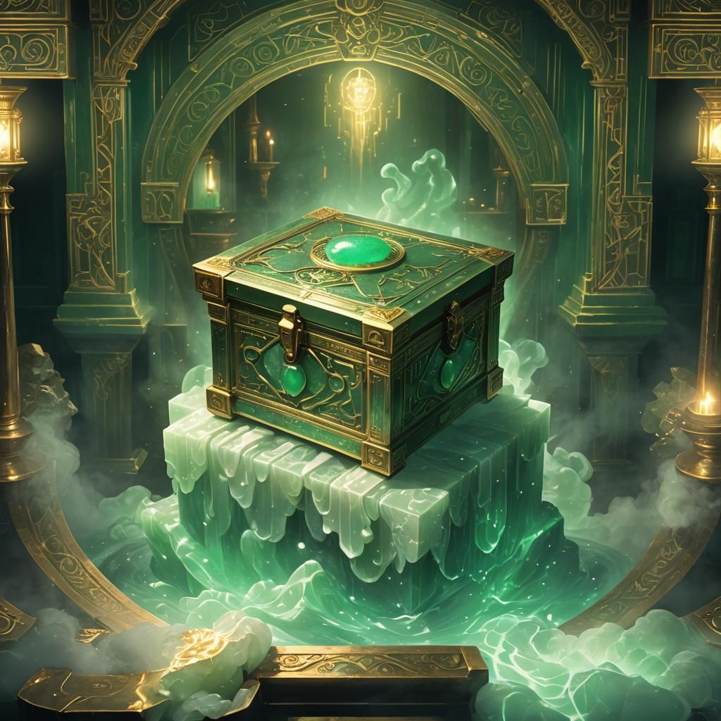 Jade Inlaid Brass Coffer Emitting Arcane Glow