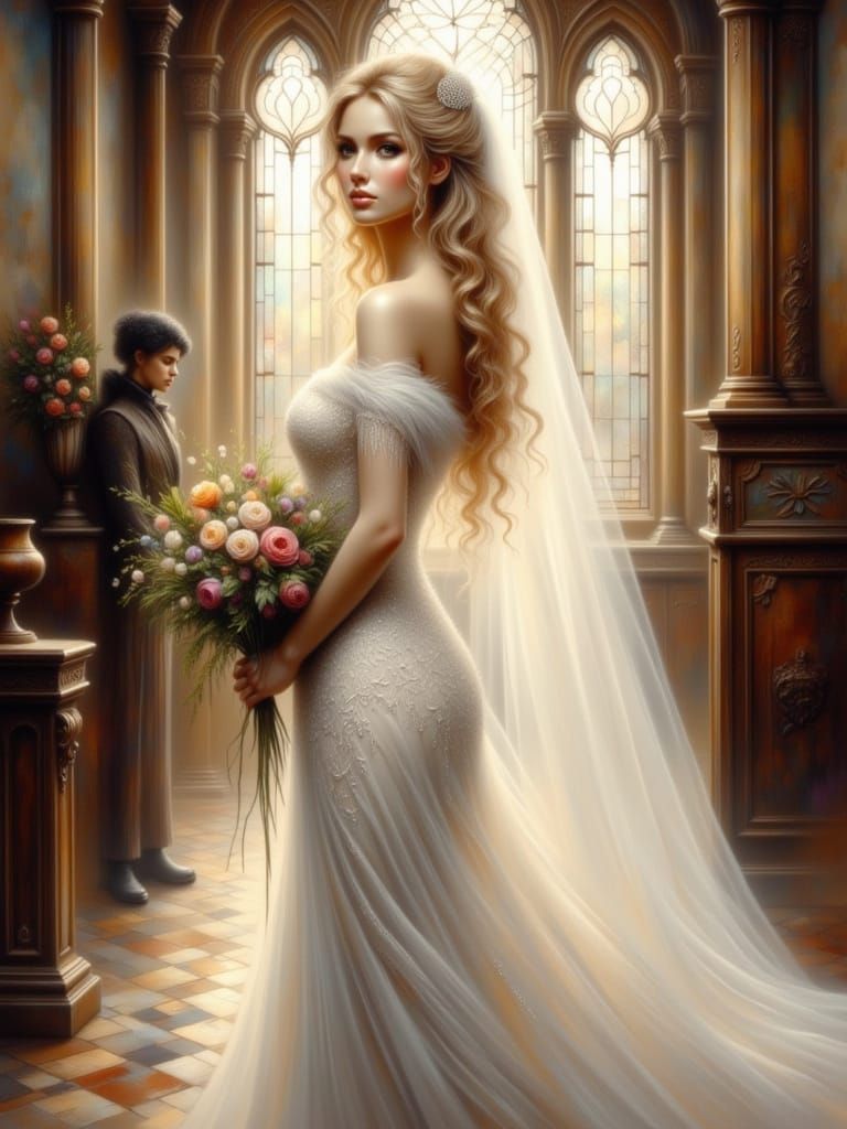 Bride in Sun-Drenched Vestry, Romantic Oil Painting Style
