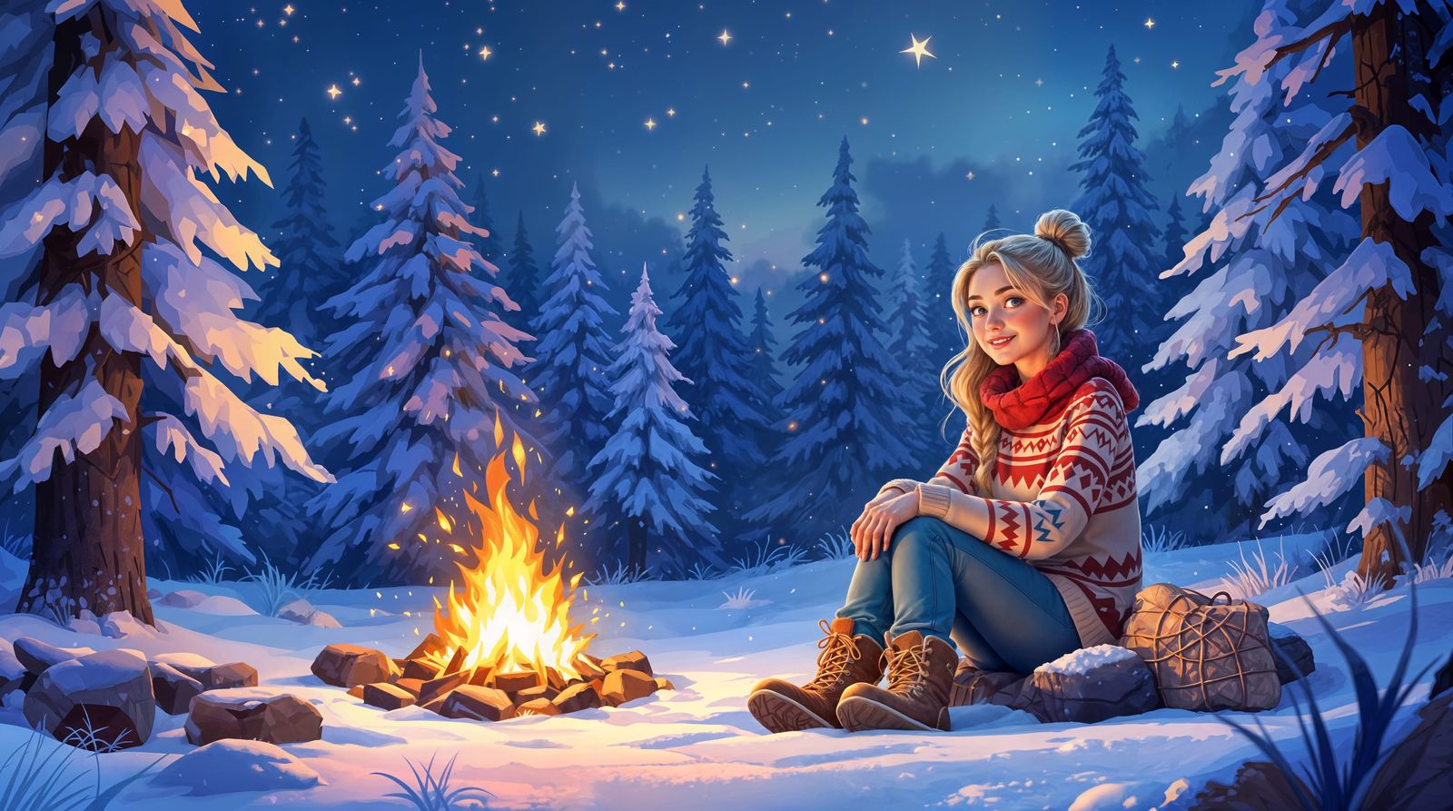 Surreal Winter Campfire Scene in Painterly Style