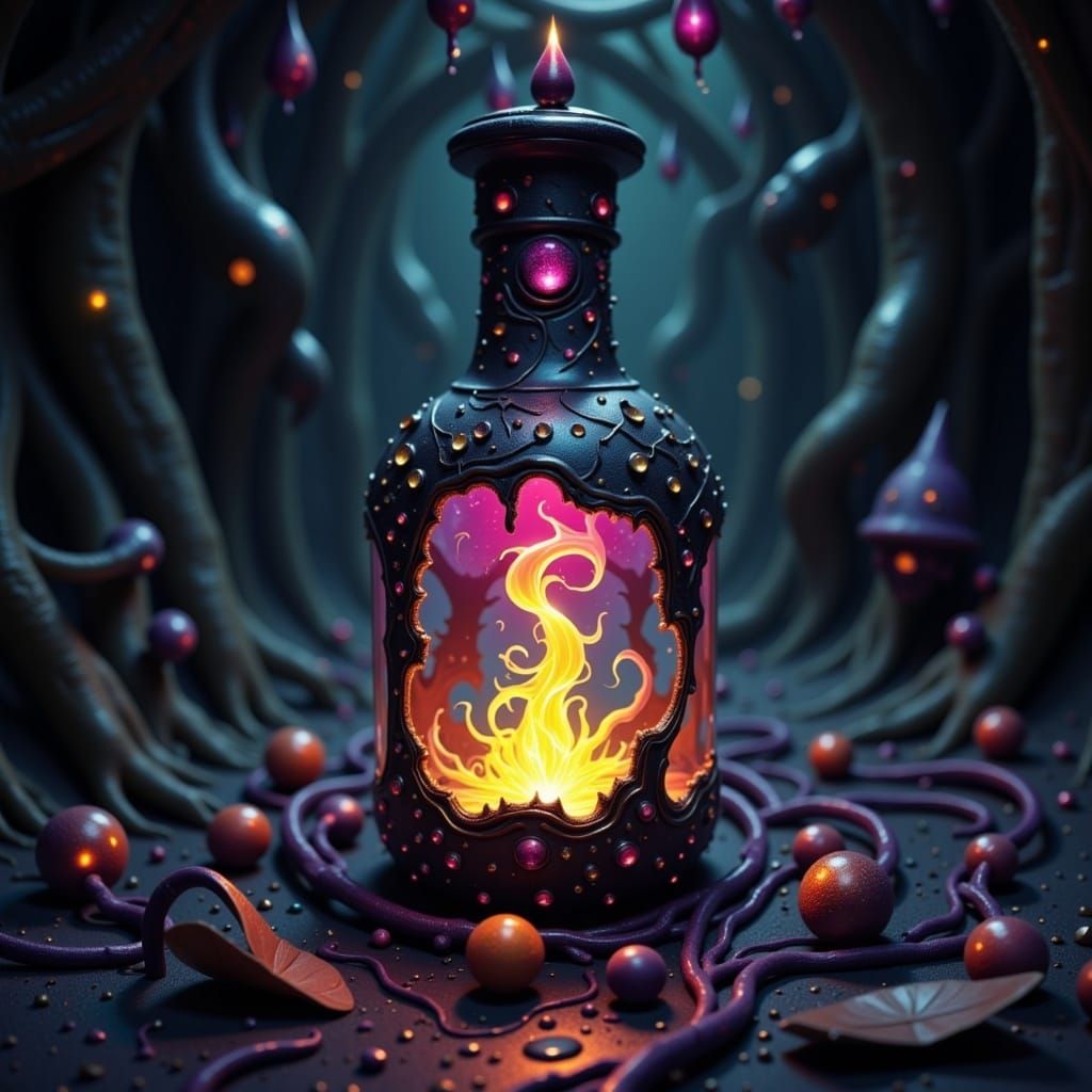 Mystical Bottle of Glowing Liquid in Dark Art Style