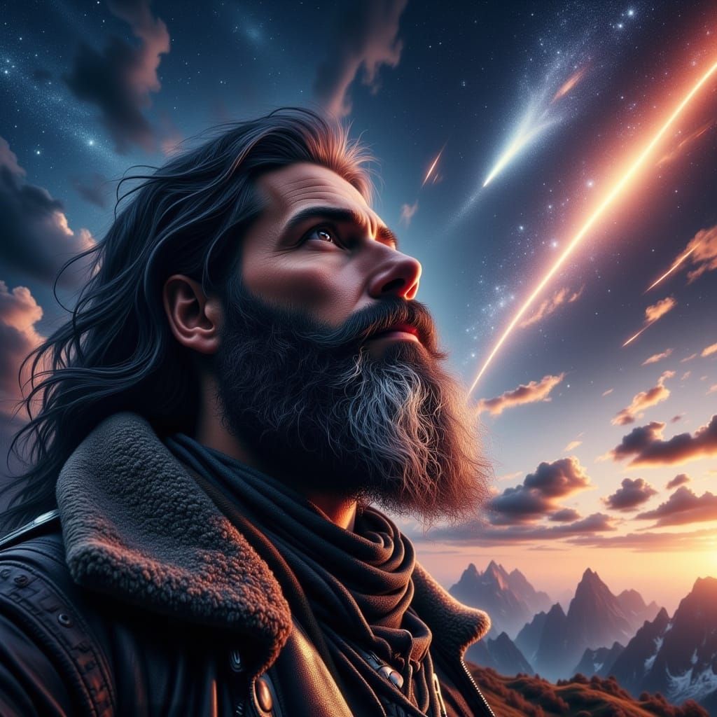 A Hyperrealistic Portrait of a Man Gazing at a Meteor Shower
