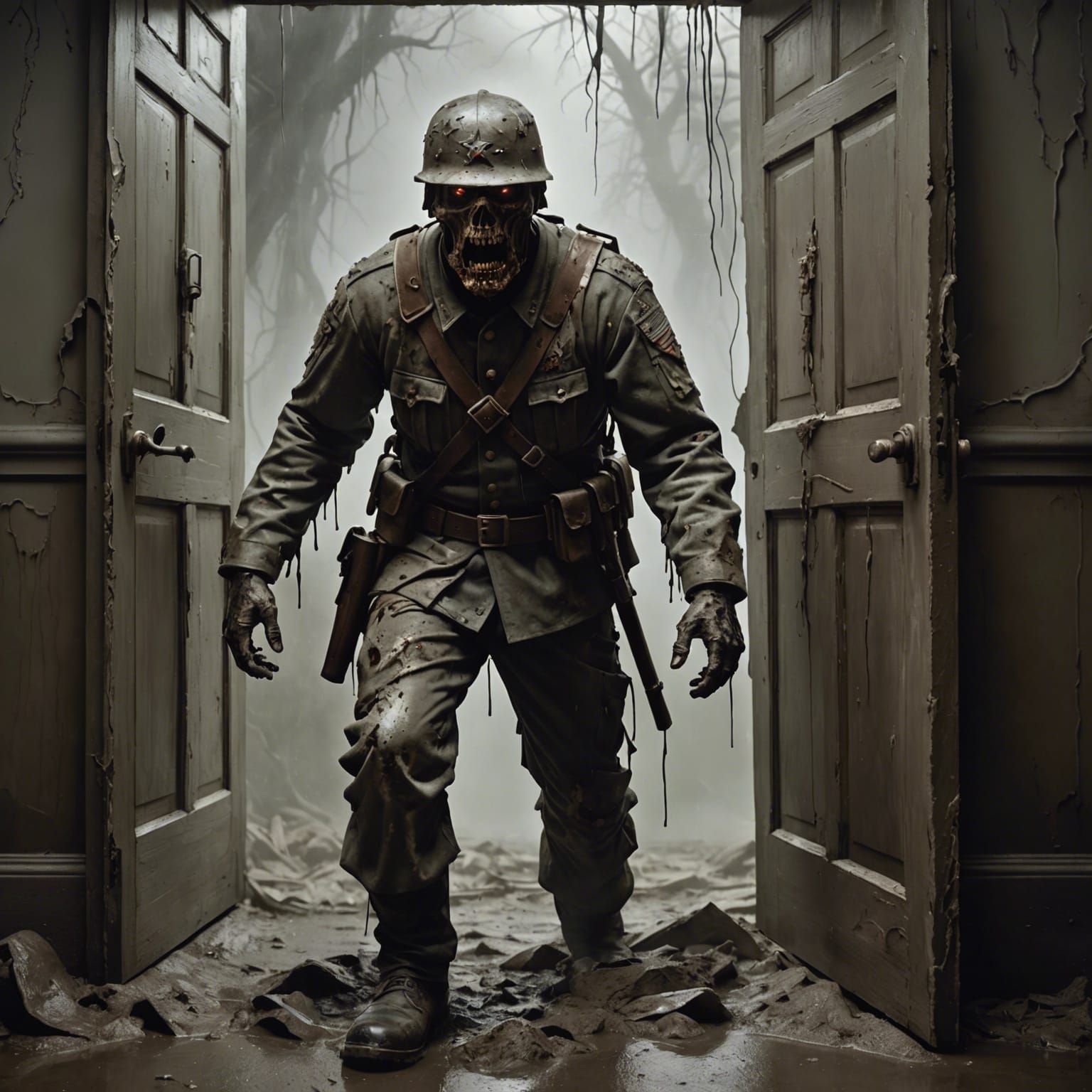 Surreal Zombie Soldier Emerging From Misty Doorway