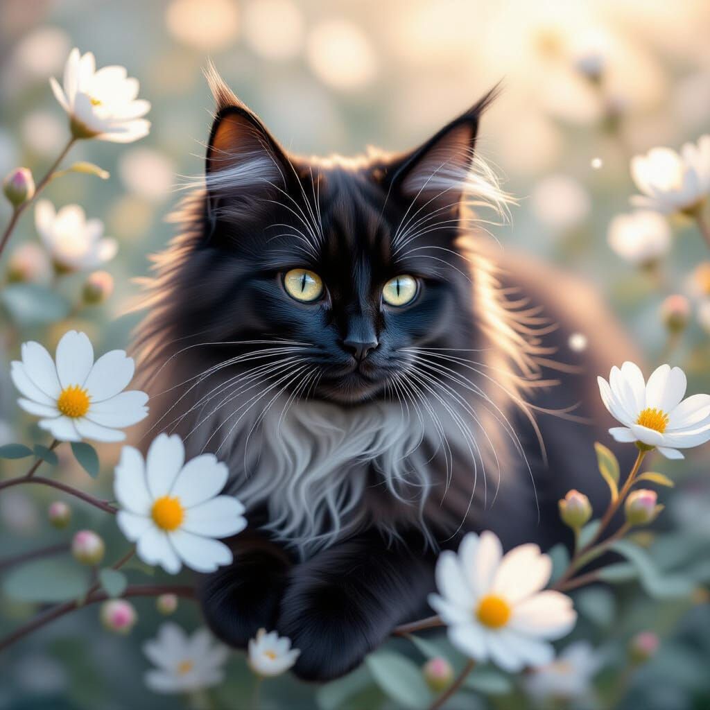 Black and Blue Angora Cat on Flower Branch