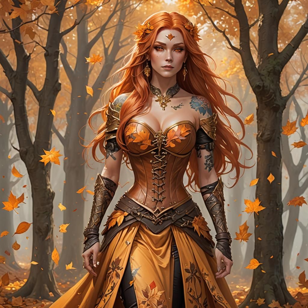 Autumn Eladrin Bard with Tattoos and Flowing Skirts