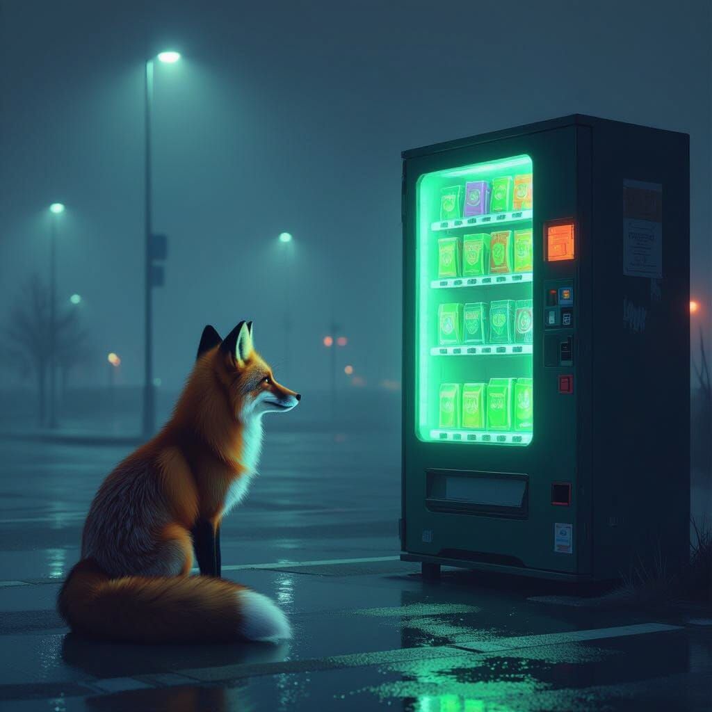 Red Fox Watches Glowing Vending Machine in Surreal Night Sce...