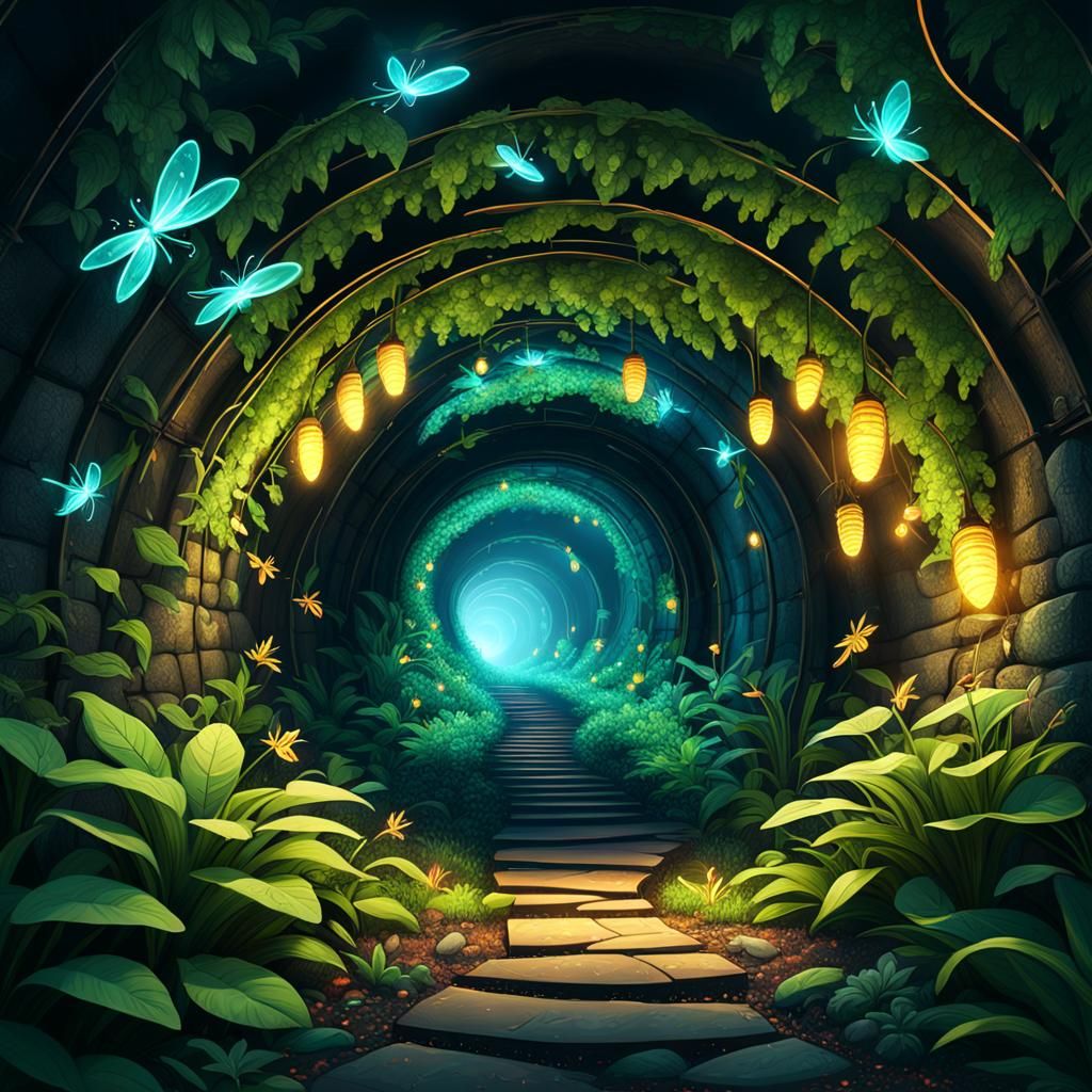 Hyperdetailed Underground Tunnel with Fireflies